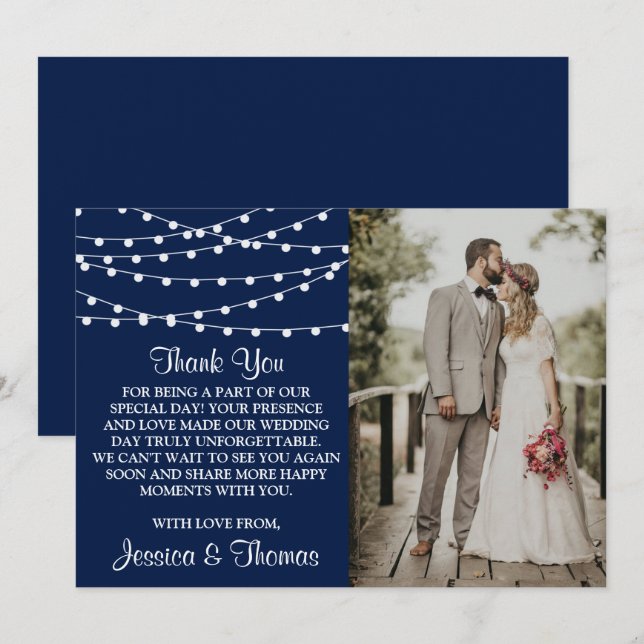 The String Lights On Navy Blue Wedding Collection Thank You Card (Front/Back)