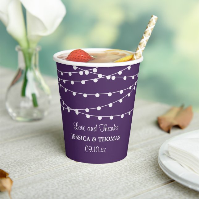 The String Lights On Purple Wedding Collection Paper Cups (Insitu)