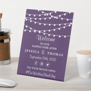 The String Lights On Purple Wedding Collection Pedestal Sign
