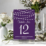 The String Lights On Purple Wedding Collection Table Number<br><div class="desc">Simple yet elegant, the string lights on purple wedding collection is a stunning design featuring lovely white hanging string lights on a purple background, which is perfect for any modern wedding celebration. These table number cards can be personalised for your special occasion and would make the perfect table cards for...</div>