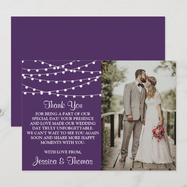 The String Lights On Purple Wedding Collection Thank You Card (Front/Back)