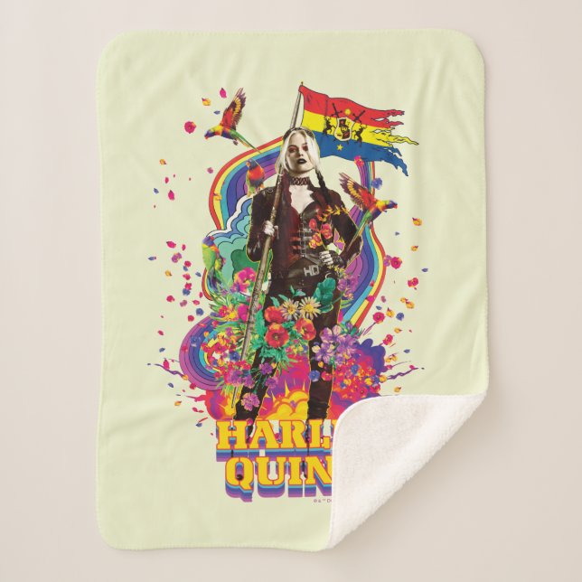 The Suicide Squad | Harley Quinn Flowers & Rainbow Sherpa Blanket (Front)
