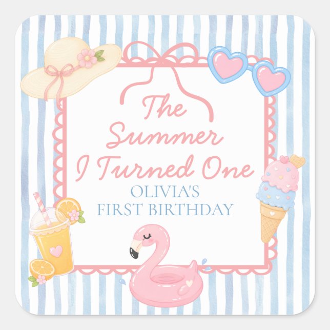 The Summer I Turned One Beach First Birthday Square Sticker (Front)