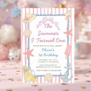 The Summer I Turned One Blue Stripe 1st Birthday  Invitation