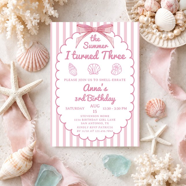 The Summer I Turned Three Beach Pink 3rd Birthday Invitation (Creator Uploaded)