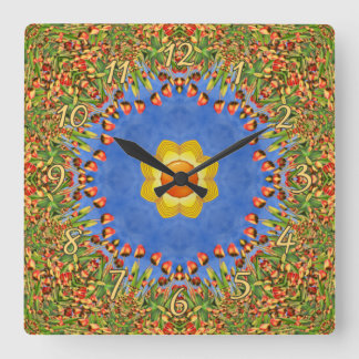The Sun Vintage Orange Yellow Blue Kaleidoscope Square Wall Clock