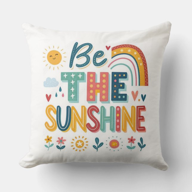 The Sunshine Typography Throw Pillow with Rainbow (Front)