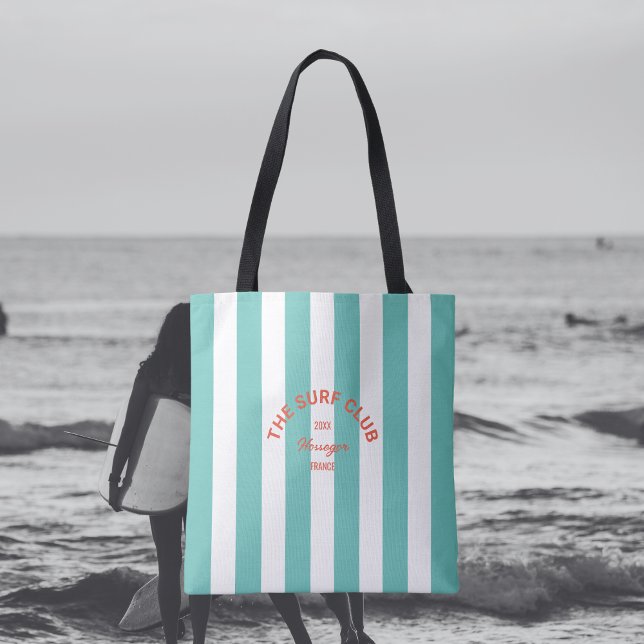 The Surf Club Crest Turquoise Cabana Stripe Tote Bag (Creator Uploaded)