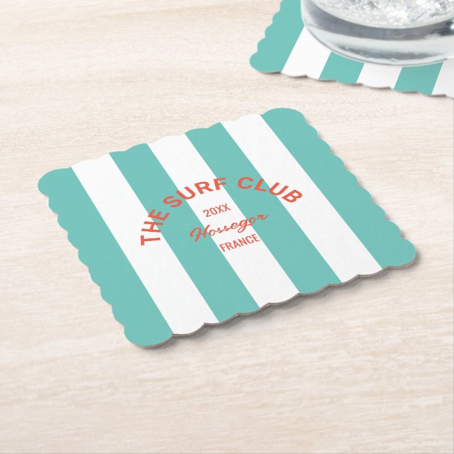 The Surf Club Red Crest Turquoise Cabana Stripe Paper Coaster (Angled)