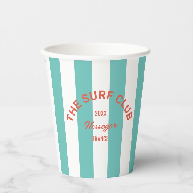 The Surf Club Red Crest Turquoise Cabana Stripe Paper Cups (Front)