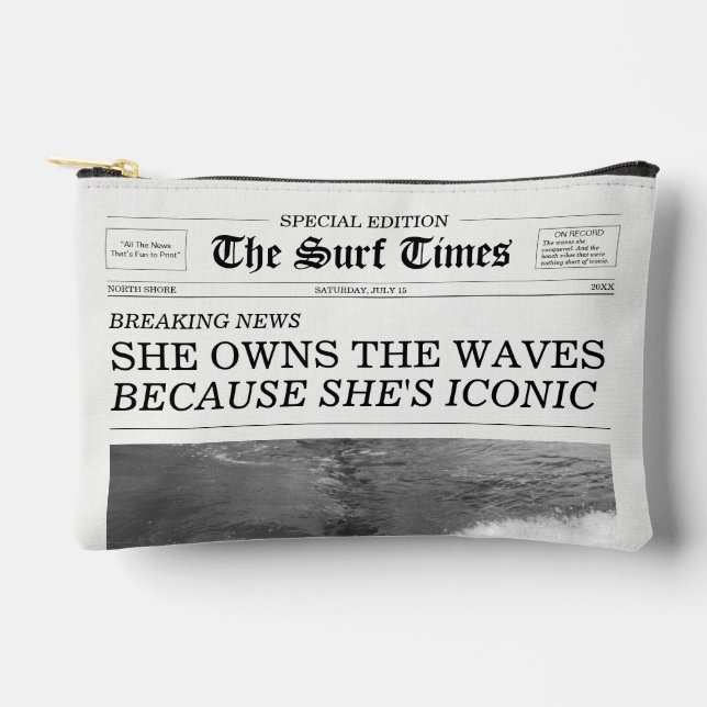 The Surf Times Newspaper She Owns The Waves Accessory Pouch (Front)