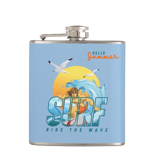 The Surfer Rides the Wave | (M) Hip Flask (Front)