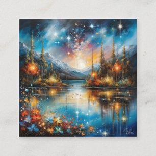 The surreal, mirrored lake reflecting a starry nig square business card