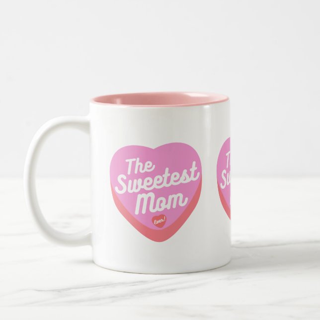 THE SWEETEST MOM EVER PINK CANDY HEART Two-Tone COFFEE MUG (Left)