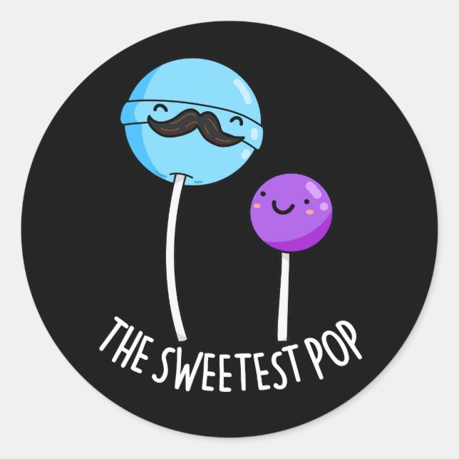 The Sweetest Pop Funny Lollipop Pun Dark BG Classic Round Sticker (Front)