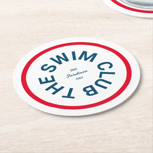 The Swim Club Blue Crest Red Stripe Round Paper Coaster (Angled)