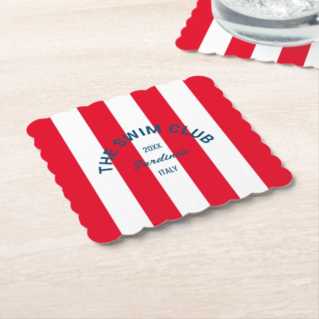 The Swim Club Crest Red Cabana Stripe Paper Coaster (Angled)