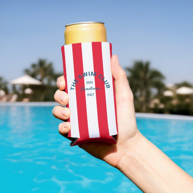 The Swim Club Crest Red Cabana Stripe Seltzer Can Cooler (In Situ Pool)