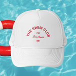 The Swim Club Custom Red Crest Swimmers White Trucker Hat<br><div class="desc">The Swim Club custom red crest swimmers white hat perfect for your swim meets by the pool or at the beach... red custom swim club crest. Personalise with the details of your gathering... year and destination. Perfect for a family or friends swim trip or swim theme party. Matching accessories available...</div>