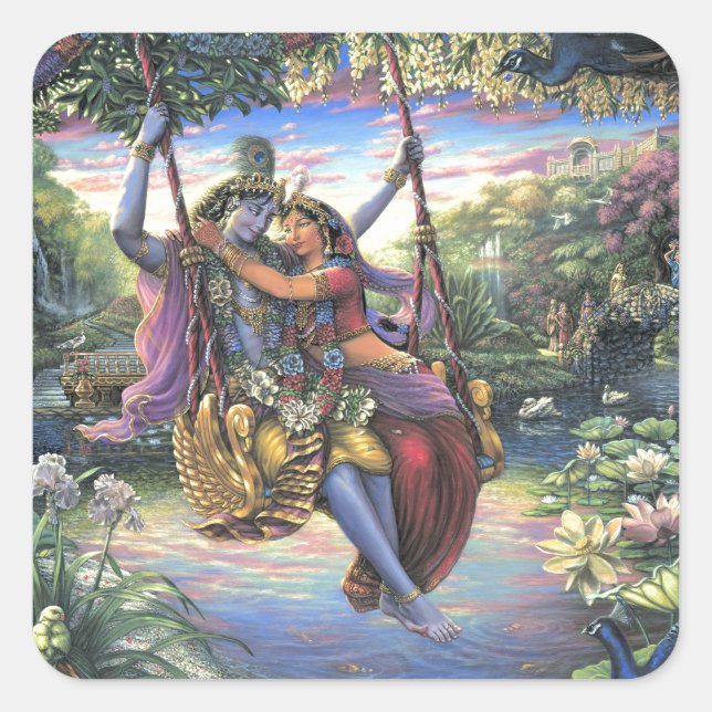 The Swing Pastime - Radha and Krishna Square Sticker (Front)