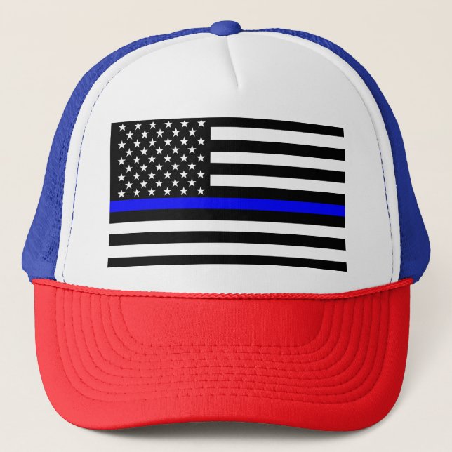 The Symbolic Thin Blue Line Graphic US Flag Trucker Hat (Front)