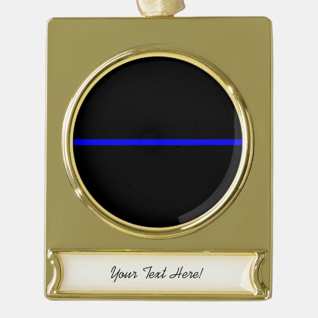 The Symbolic Thin Blue Line Horizontal Black Gold Plated Banner Ornament (Front)