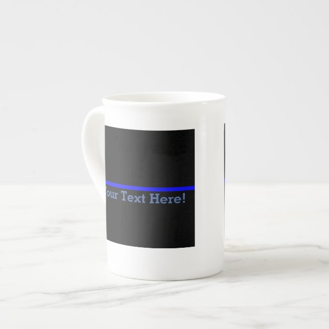 The Symbolic Thin Blue Line Your Text on Black Bone China Mug (Front Left)