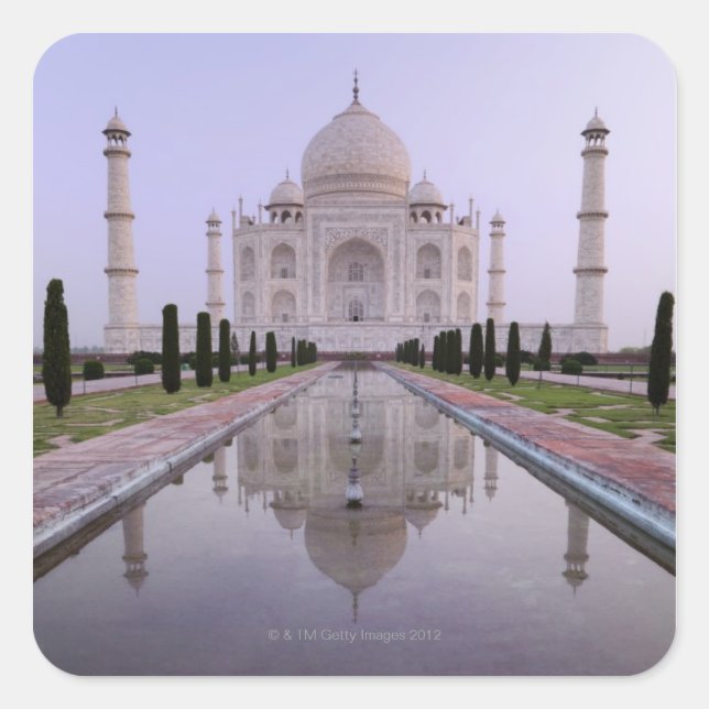 the Taj Mahal perfectly reflected in the pool in Square Sticker (Front)
