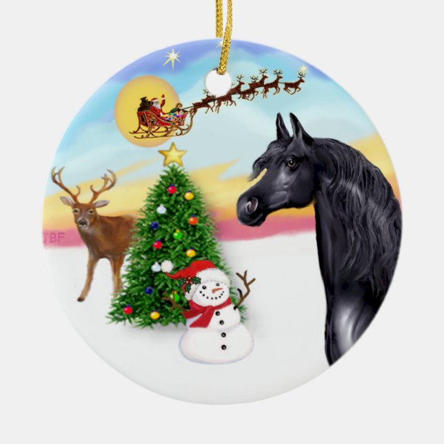 The Take Off - Black Arabian Horse Ceramic Tree Decoration (Front)