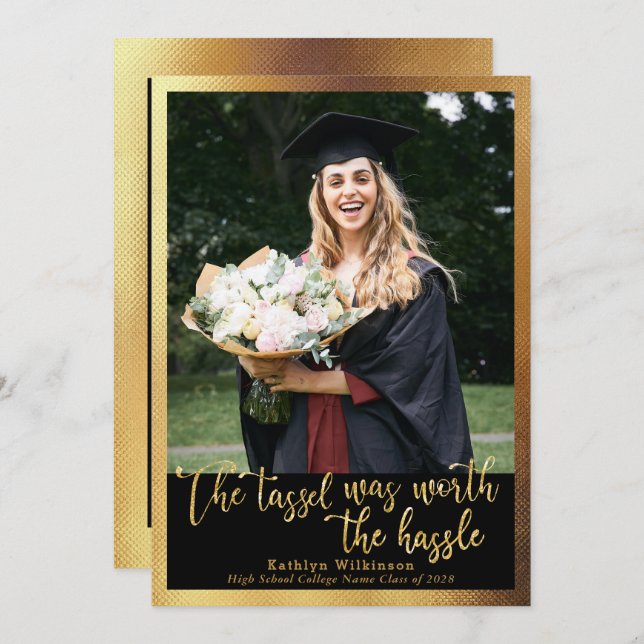 The Tassel was Worth the Hassle Gold 4 Photo Grad Announcement (Front/Back)