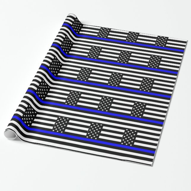 The Thin Blue Line Black and White US flag Wrapping Paper (Unrolled)