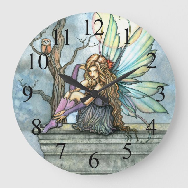 The Thinker Fairy and Owl Fantasy Art Clock (Front)