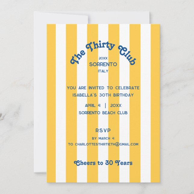 The Thirty Club Yellow Cabana 30th Birthday Party  Invitation (Front)