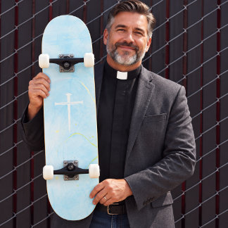 The Three Nails Cross Blue Marble Christian Skateboard