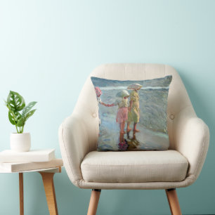The three sisters on the beach by Joaquin Sorolla Cushion