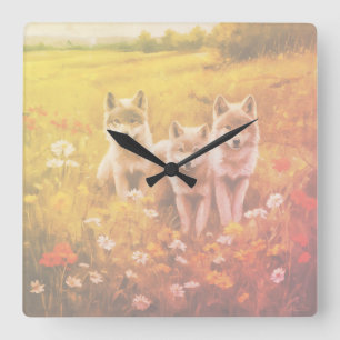 The three waiting grey wolf pups square wall clock