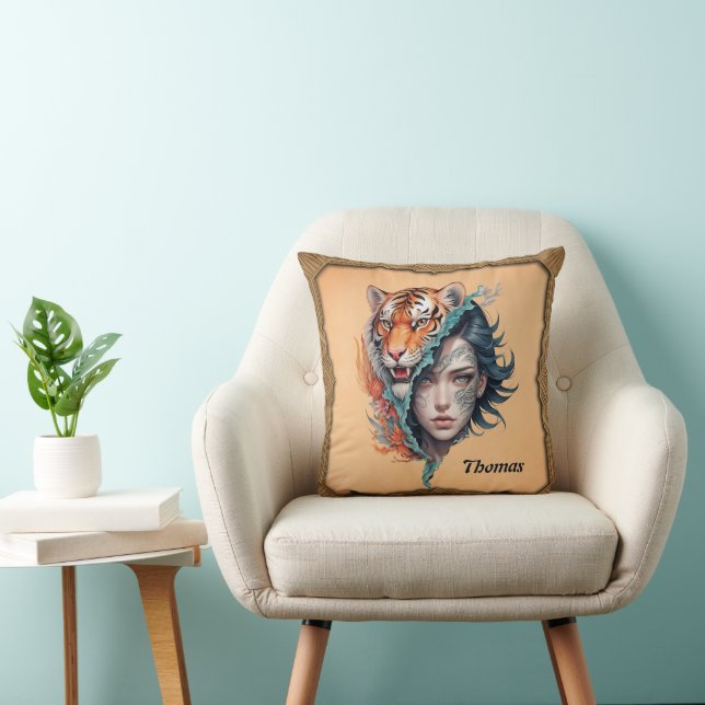 The tiger and the woman, strength and grace.  cushion (Chair)