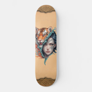 The tiger and the woman, strength and grace.  skateboard
