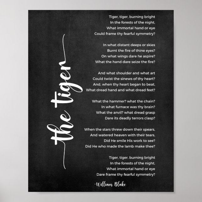 The Tiger Poem by William Blake Black and White Poster (Front)
