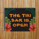 The Tiki Bar is Open sign on black<br><div class="desc">The Tiki Bar is Open sign on black with tropical foliage and hibiscus flowers lining the sides.</div>