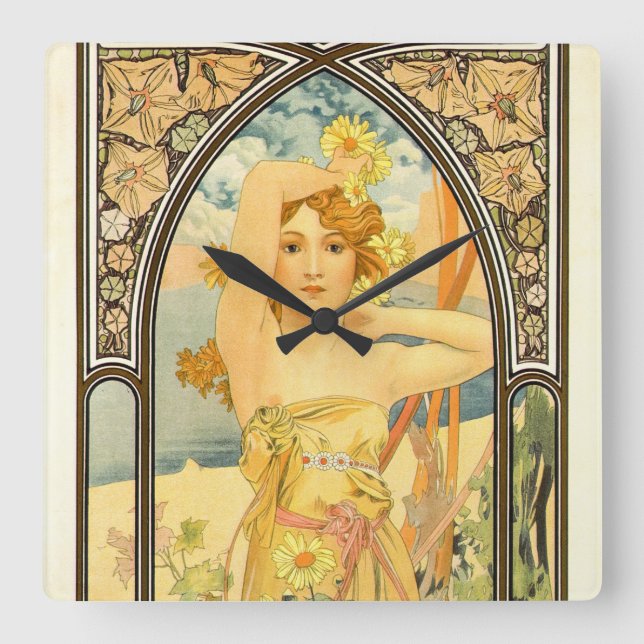 The Times of the Day, Brightness of Day by Mucha Square Wall Clock (Front)