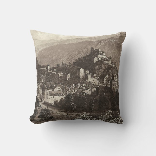 The Town of Sion Rudisuhli Antique Engraving Cushion (Front)