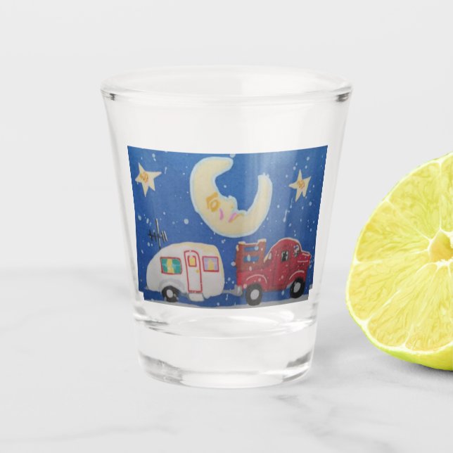 The Trailer, The Truck, 🛻 And The Sleepy 😴 Moon Shot Glass (Front)