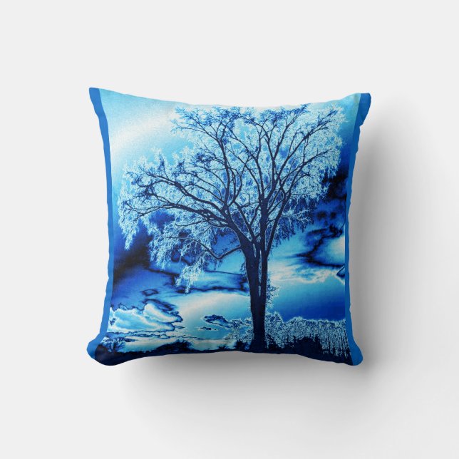 The Tree in Blue Ice Throw Pillow (Front)