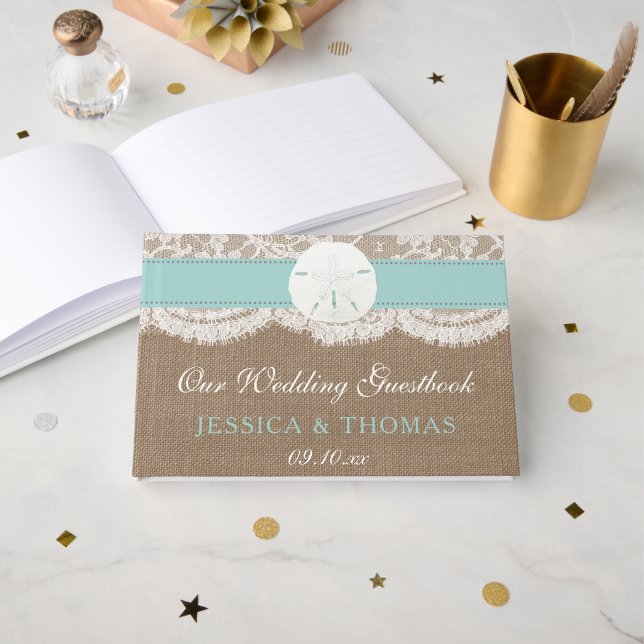 The Turquoise Sand Dollar Beach Wedding Collection Guest Book (Front Open)