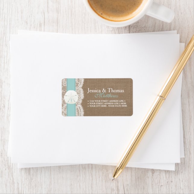The Turquoise Sand Dollar Beach Wedding Collection Label (Insitu)
