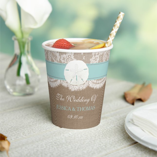 The Turquoise Sand Dollar Beach Wedding Collection Paper Cups (Insitu)
