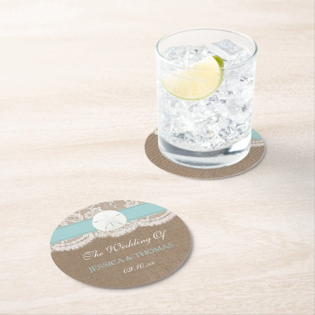 The Turquoise Sand Dollar Beach Wedding Collection Round Paper Coaster (Insitu)