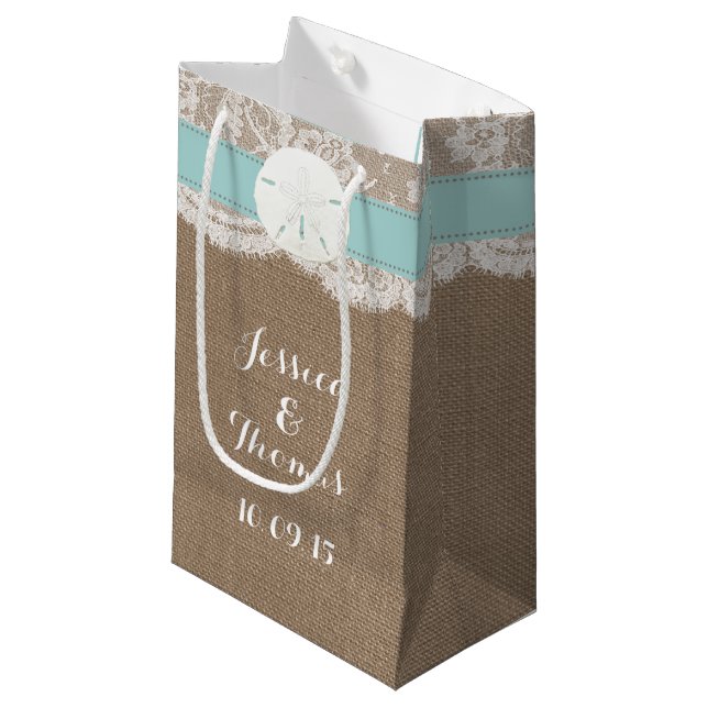 The Turquoise Sand Dollar Beach Wedding Collection Small Gift Bag (Front Angled)