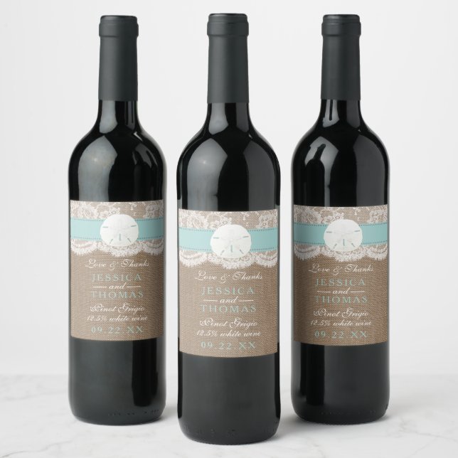 The Turquoise Sand Dollar Beach Wedding Collection Wine Label (Bottles)